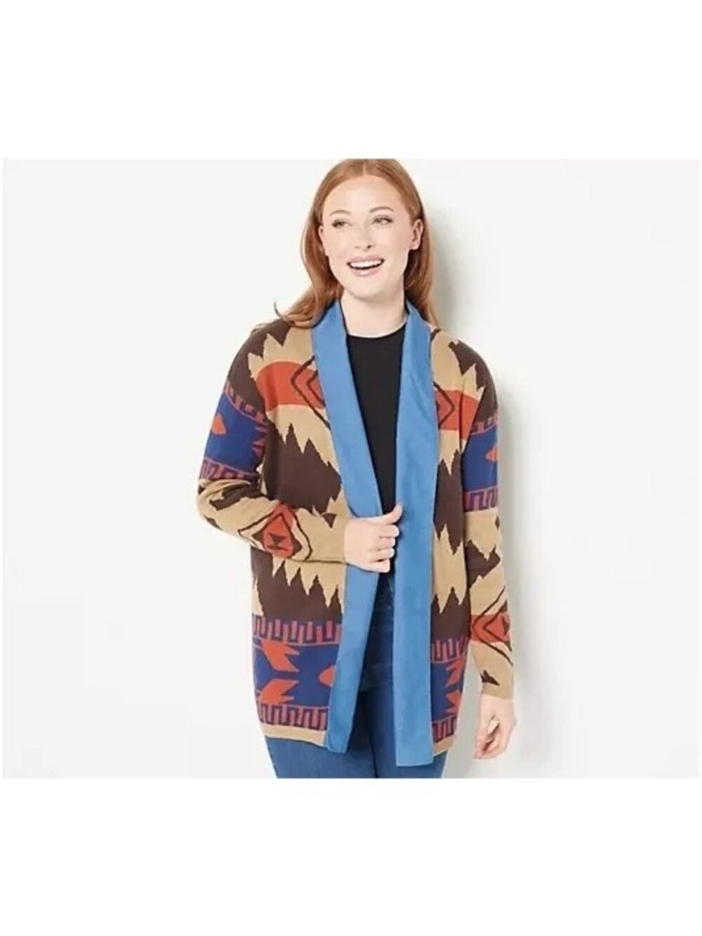 Attitude by Renee Cardigan Large Southwest with Denim Lapel Aztec Sienna NEW